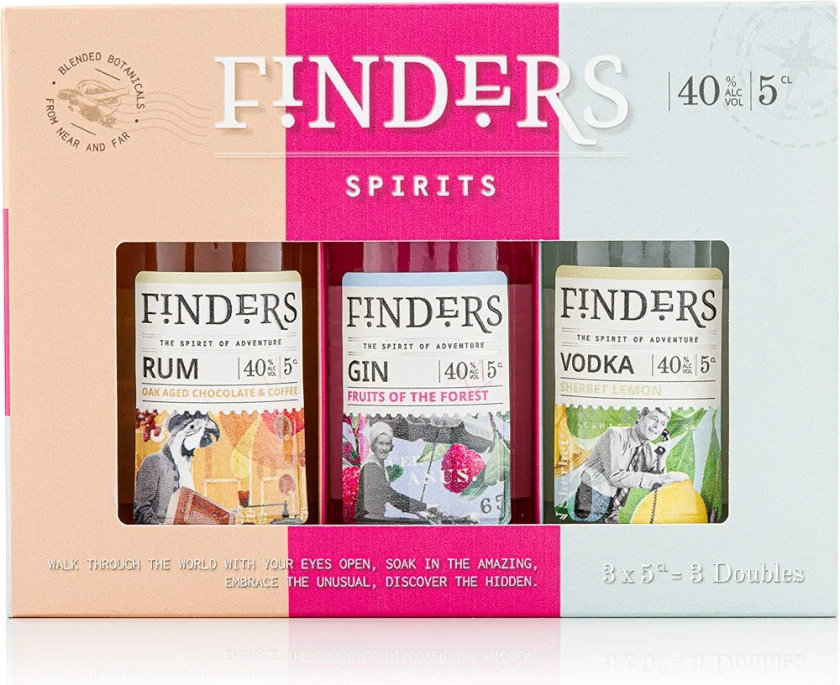 Finders Spirits Mixed Triple Pack, 40% ABV, Chocolate & Coffee Rum, Fruits of the Forest Gin & Sherbet Lemon Vodka, 3 x 5 cl Mini Bottles