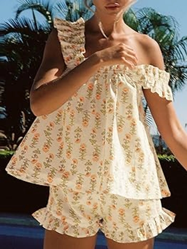Farktop Womens Floral Print Pajama Sets Ruffle Trim Cami and Casual Shorts 2 Piece Lounge Set PJ