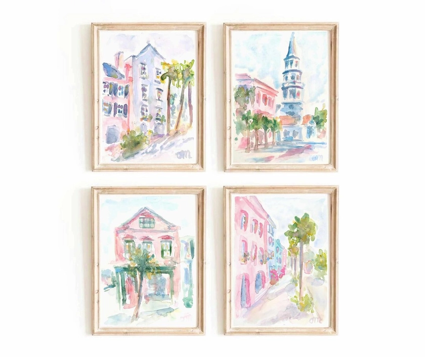 Pastel Pink Set of 4 Charleston South Carolina Watercolor Prints Rainbow Row Church Street Printable Wall Art Pink House Instant Download - Etsy