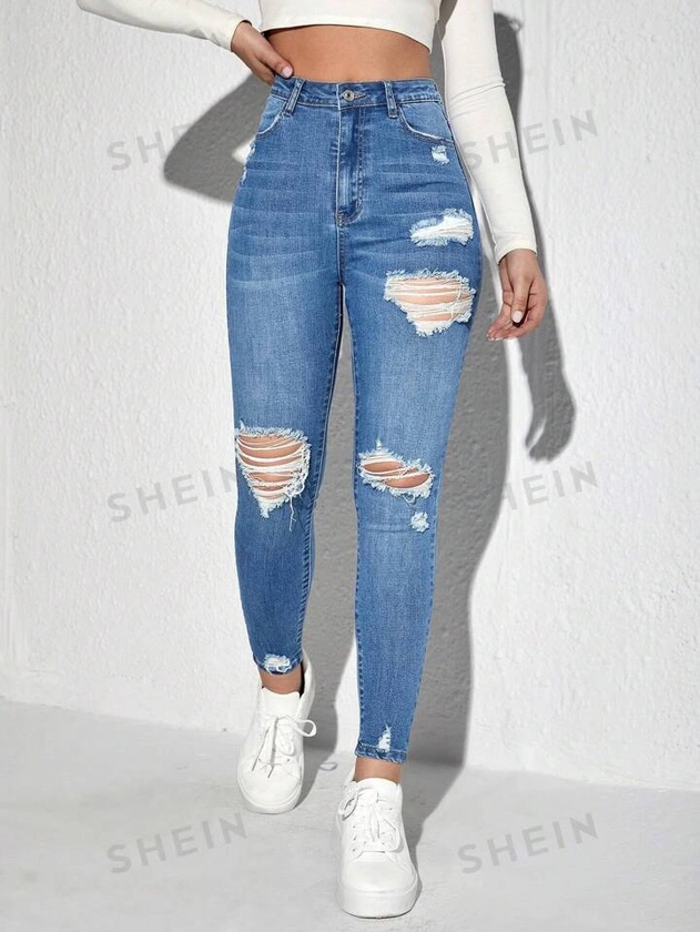 SHEIN EZwear Ripped Detail Skinny Jeans Ripped Jeans | SHEIN UK