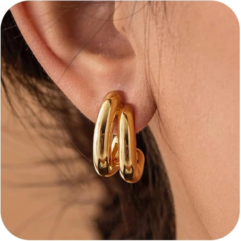 Gold Hoop Earrings for Women - Chunky Gold Earrings 14K Gold Plated Earrings Trendy Chunky Gold Hoops Small Thick Hypoallergenic Earrings for Women Trendy Gold Jewelry Gifts Double Hoop/Twist Rope/Moon