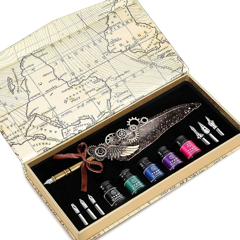 Amazon.com : NC Feather Quill Pen Set - Includes 5 Ink Bottles, 6 Nibs, Mechanical Quill Pen for Calligraphy, Writing Letters, Signing, Invitations Etc (Grey) : Office Products