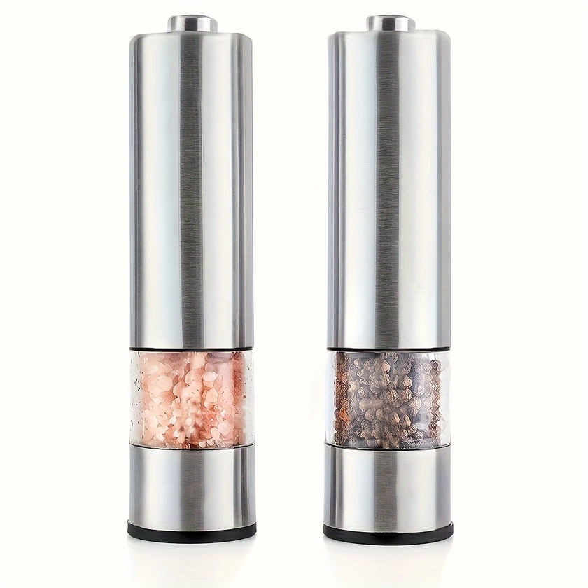 2pcs, Electric Salt And Pepper Grinder Set, Battery Operated Stainless Steel Spice Mill With Light, Automatic Pepper Grinder, One Handed Operation, El