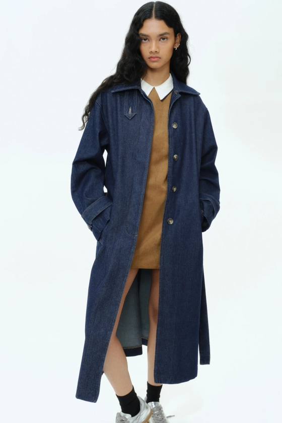 Single-breasted trenchcoat van twill - Lange mouwen - Lang - Donker denimblauw - DAMES | H&M NL