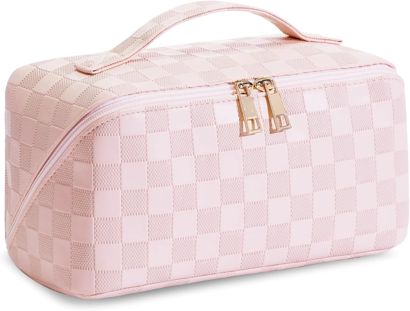 Large Capacity Travel Cosmetic Bag Flat Everything Cosmetic Bag Checkered Big Makeup Bag for Women Portable Waterproof PU Leather Skincare Bag with Handle and Divider