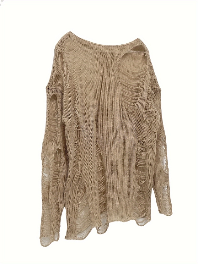 Ripped Boat Neck Knit Sweater, Distressed Solid Long Sleeve Sweater, Women's Clothing