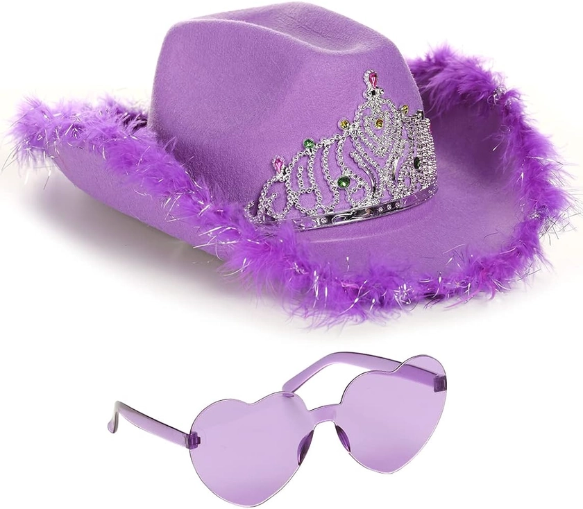 Funcredible Tiara Cowboy Hat and Glasses - Sparkly Cowboy Hat for Women - Preppy Hat with Crown - Cowgirl Costume Accessories