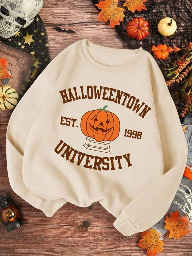 Tween Girl Fall Pumpkin & Letter Print Long Sleeve Casual Sweatshirt For Autumn Winter