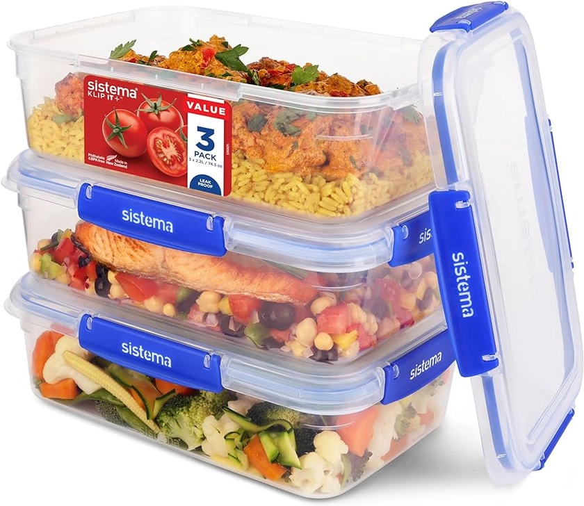 Sistema Klip It Food Storage Containers 2.2 Litre (Pack of 3), Meal and Food Prep, Microwave Safe, Freezer Safe, Dishwasher Safe, BPA Free | CH257