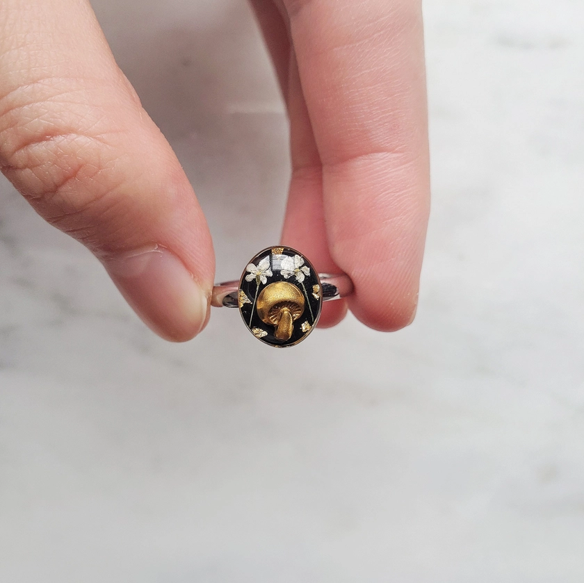 Mushroom flower nature ring, forest resin jewelry, whimsical terrarium statement ring | stainless steel