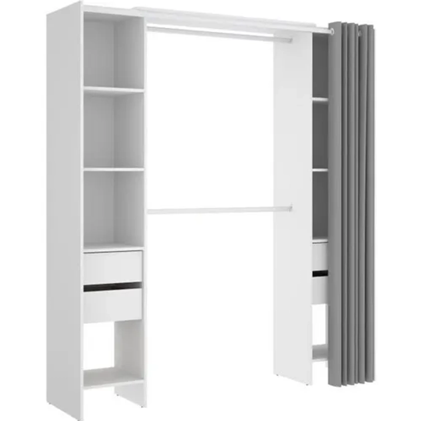 Dressing Extensible Avec Rideau + 4 Tiroirs - Décor Blanc - L 180-113 X P 50 X H 205 Cm - Suit