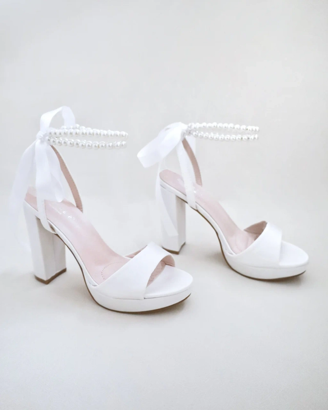 Satin Platform Block Heel Wedding Sandals with Double Pearls Ankle Strap