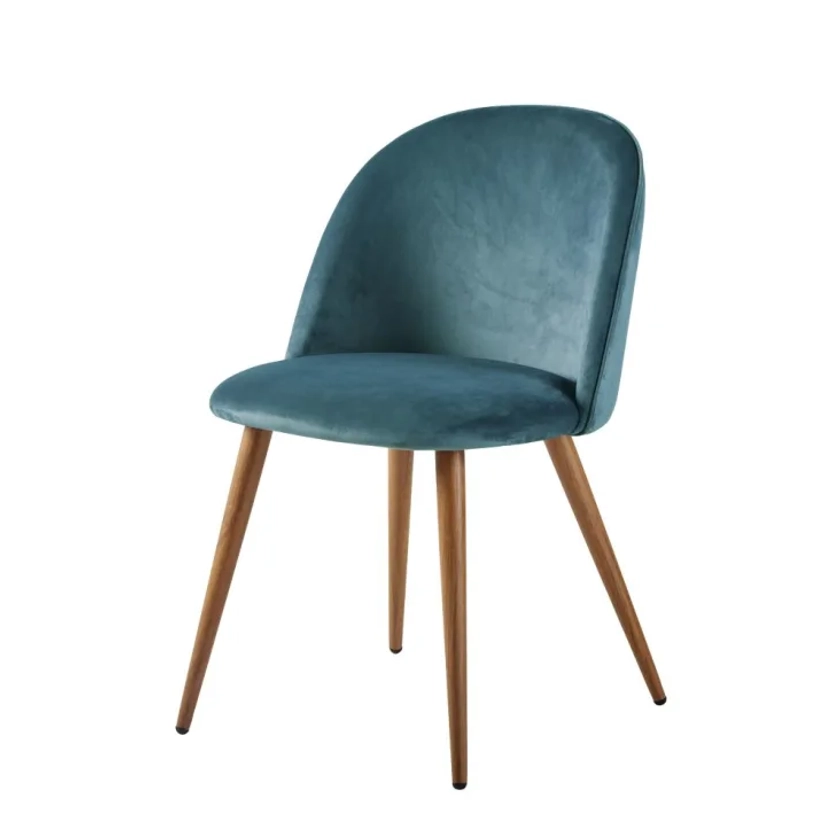 Chaise vintage en velours bleu paon et métal imitation chêne Mauricette | Maisons du Monde