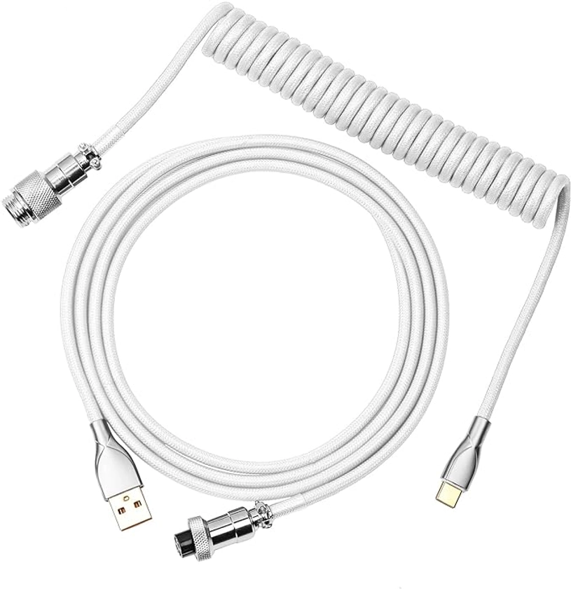 EPOMAKER Mix Câble USB de type C de 1,8 m, type C vers USB A, TPU, câble spirale de clavier mécanique avec connecteur aviateur amovible pour clavier de jeu (blanc)