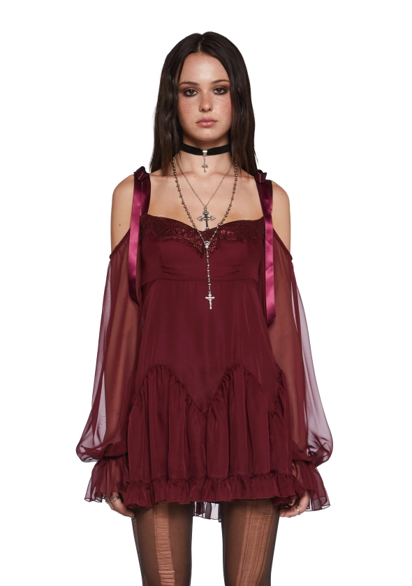 Chiffon Off The Shoulder Mini Dress With Satin Ribbon Ties Current Mood - Red