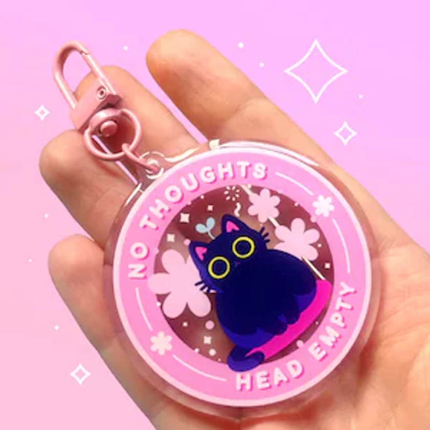 No thoughts head empty cat epoxy acrylic charm keyring | Cute funny black cat meme, pink | Kawaii pastel aesthetic