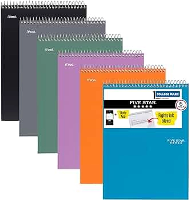 Five Star Top Bound Spiral Notebook + Study App, 6 Pack, 1 Subject, College Ruled Paper, 8-1/2" x 11", 100 Sheets, Fights Ink Bleed, Water Resistant Cover, Assorted Colors (73525)