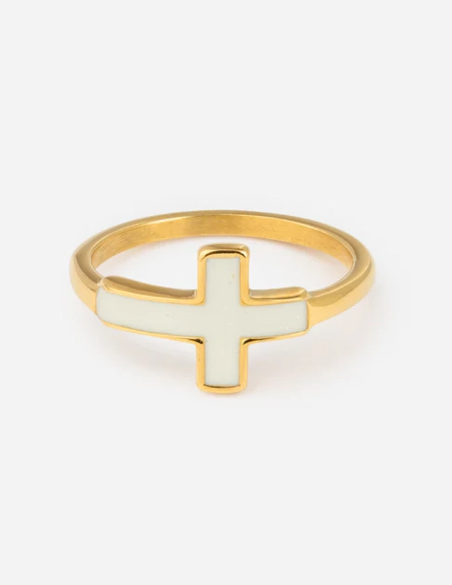 White Enamel Cross Ring