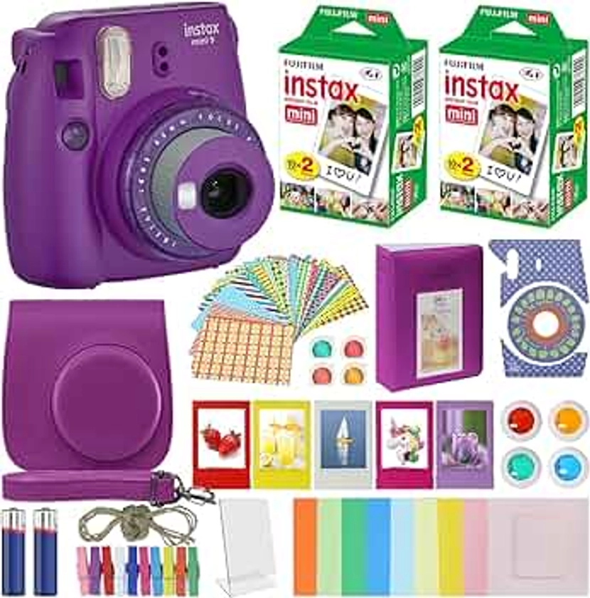 Fujifilm Instax Mini 9 Instant Camera Clear Purple with Carrying Case + Fuji Instax Film Value Pack (40 Sheets) Accessories Bundle, Color Filters, Photo Album, Assorted Frames, Selfie Lens + More