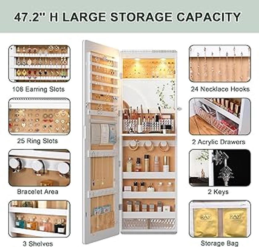 HNEBC LED Mirror Jewelry Cabinet,47.2" Wall Mounted Jewelry Organizer with Full-Length Mirror,Over The Door Hanging Jewelry Armoire Storage Cabinet,Folding Dresser,2 Drawers,Lockable, 3 Shelves(White)