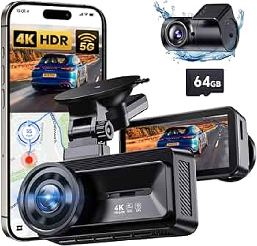 Dash Cam Front and Rear, 4K Full HD Dual Dash Camera for Cars Built-in 5G WiFi GPS, 64GB Card, Car Camera with 3" IPS Screen, UHD 2160P Night Vision, HDR, App Control, 24H Parking Monitor