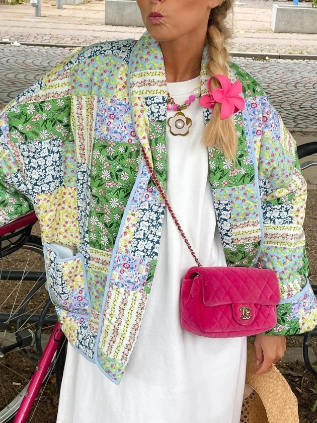 Veste en patchwork imprimé floral pour femme, manches longues, coton matelassé, devant ouvert, veste respirée, streetchester chic et élégant, automne