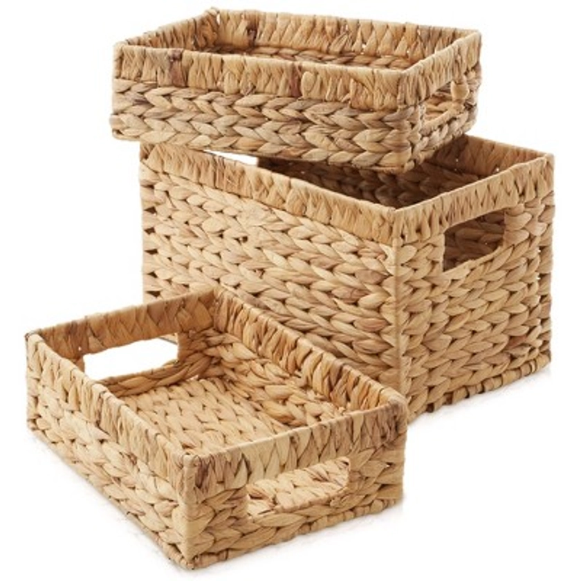 Casafield Water Hyacinth Storage Basket Set with Handles - 1-Medium, 2-Small Woven Organizers for Bathroom, Laundry, Pantry, Office, Shelves