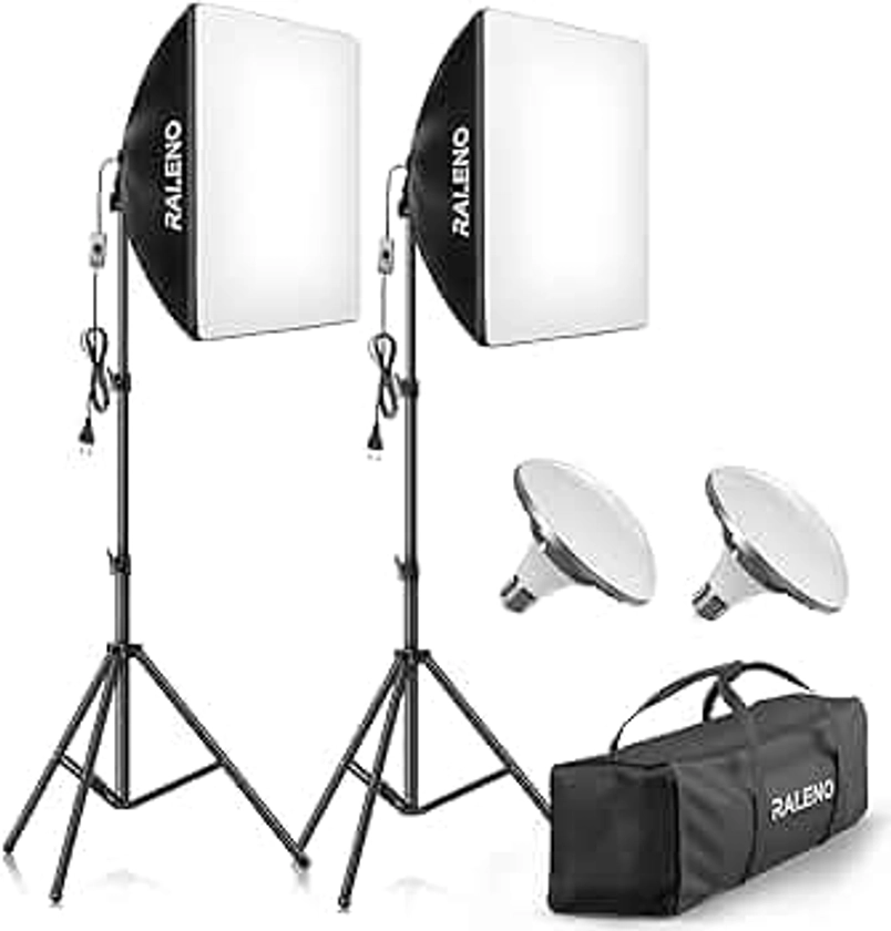 RALENO Softbox, Kit Studio Photo Softbox LED 50W, Lampe de Photographie 50x50cm avec Ampoules 5500K, Étui de Transport et Trépied, Photographie de Portrait, Enregistrement Vidéo