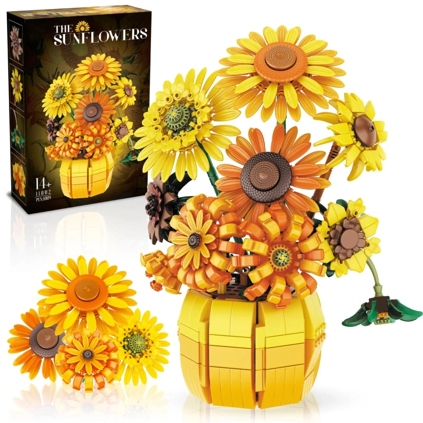 Décennie s de construction de tournesol avec vase, bouquet de fleurs, briques modèles, décoration de la maison, jouets pour enfants, cadeau de vacances pour adultes, 1009 pièces - AliExpress