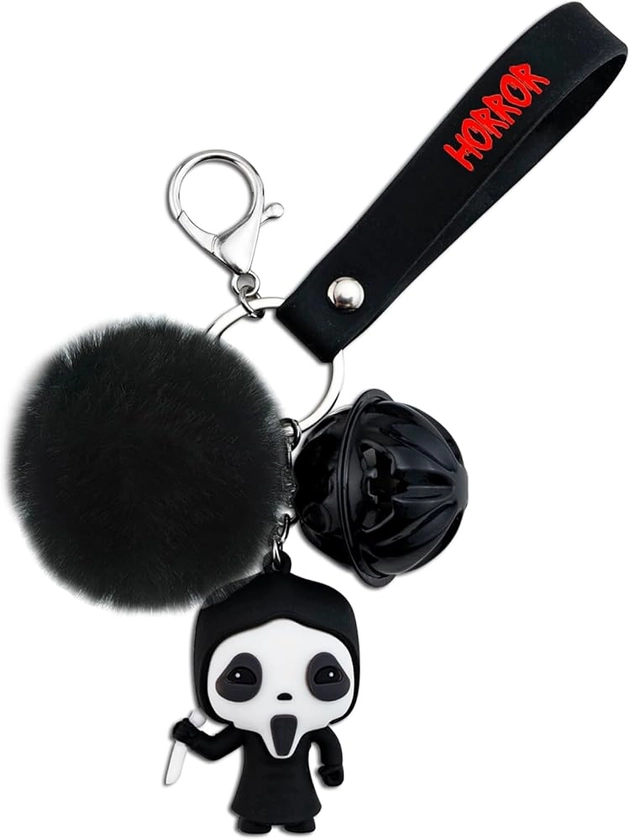 Halloween Gifts for Men Women Horror Movie Lover Keychains Scream Ghostface Merch Cute Car Accessories Spooky Basket Stuffers for Boys Girls Ghost Face Bell Keyrings for Party Favors