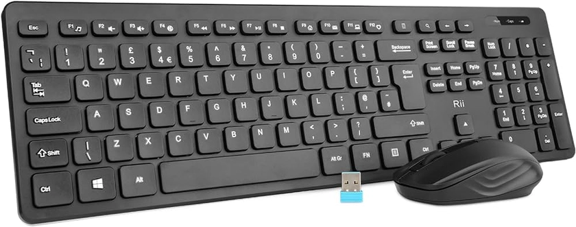 Wireless keyboard and Mouse Set,Rii RK200 Standard Full Size Wireless Keyboard and Mouse 104 Keys for Work Office Home UK Layout(AAA Batteries not Include)