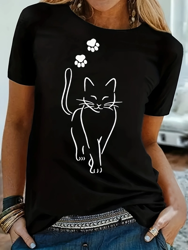Camiseta com estampa de gato, manga curta, gola redonda, top casual para verão e primavera, roupas femininas
