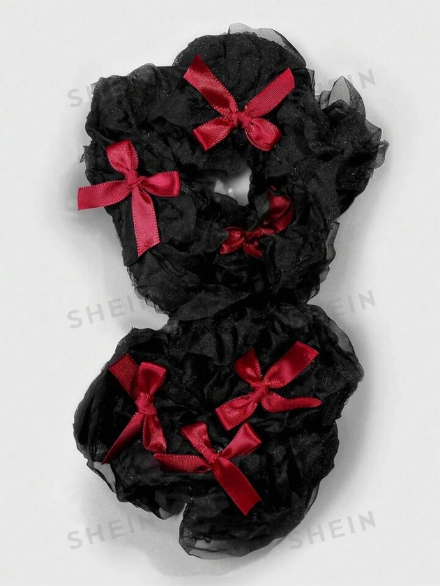 ROMWE Kawaii 2 piezas Elegantes scrunchies de cabello negro con encaje y lazo de cinta, estilo gótico oscuro, adecuado para uso diario y regalos festivos para mujeres