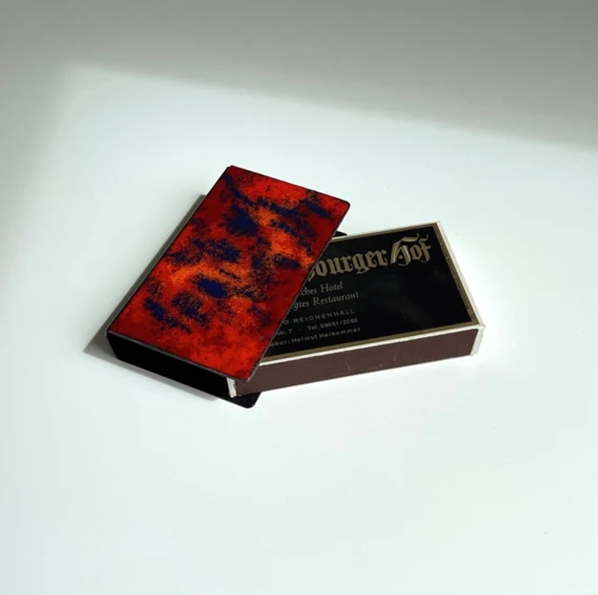 Vintage matchbox cover. holder. Enamel. Fat Lava. 70s. Mid-Century. Red . XL