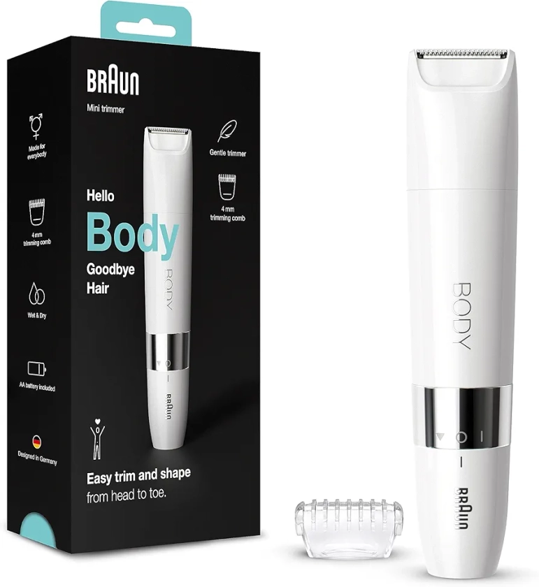 Braun Body Afeitadora Corporal Unix, Depiladora Mini para Mujer y Hombre con Peine de Recorte, Depilación de Precisión para Ingles, Axilas, Pecho, Uso en Seco y en Mojado, BS1000, Blanco