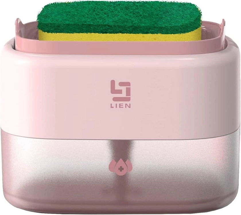 LIEN Dish Soap Dispenser Pump and Sponge Holder, 2 in 1 Dish Washing Soap Dispenser Caddy for Kitchen, 10.5 Ounces (Sakura Pink)