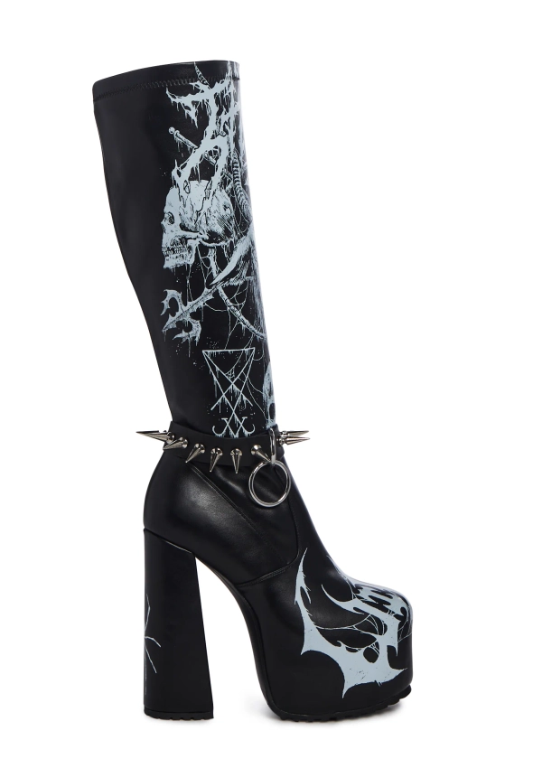 Widow Baphomet Skull Platform Boots - Black