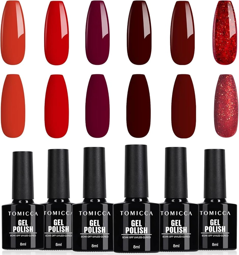 TOMICCA Vernis Semi Permanent Rouge Set, 6 couleurs Rouge et Rouge Pailleté Vernis Gel UV, Soak-Off Vernis à ongles UV/LED Gel Cadeau pour salon de manucure DIY Home, 8ML