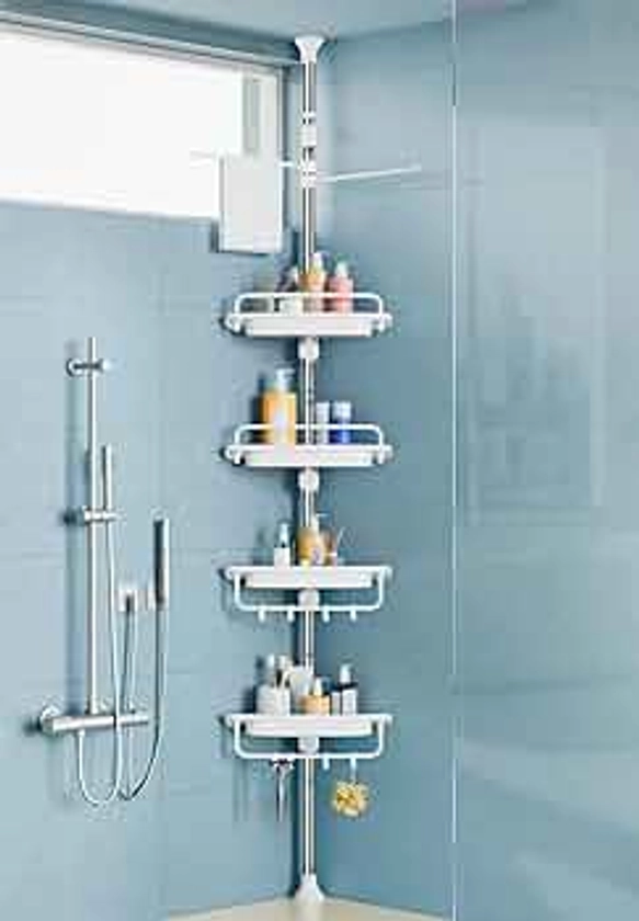 32-122inch Corner Shower Caddy Tension Pole White, Rustproof Drill-Free Shower Shelves for Bathroom Bathtub Washbasin, Adjustable Shower Organizer with 4 Tier Patent Stable Shelves & Towel Bars