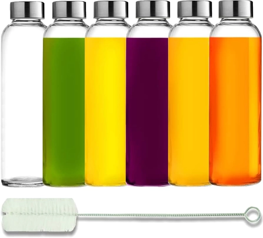 Brieftons Glass Water Bottles With Caps: Clear, 6 Pack, 500ml, Leakproof Lids, Premium Soda Lime, Best As Reusable Drinking Bottle, Sauce Jar, Juice Beverage Container, Kefir Kit, With Cleaning Brush