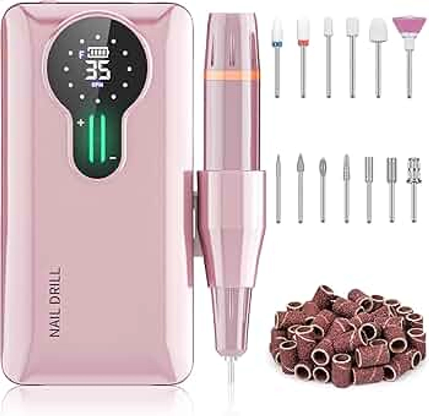 ENGERWALL Ponceuse pour Ongles Professionnelle, 35000 RPM Portable Rechargeable, Avec 13 embouts et 56 bandes abrasives et Affichage LED, pour Manucure Pédicure, pour Domicile Salon, Rose