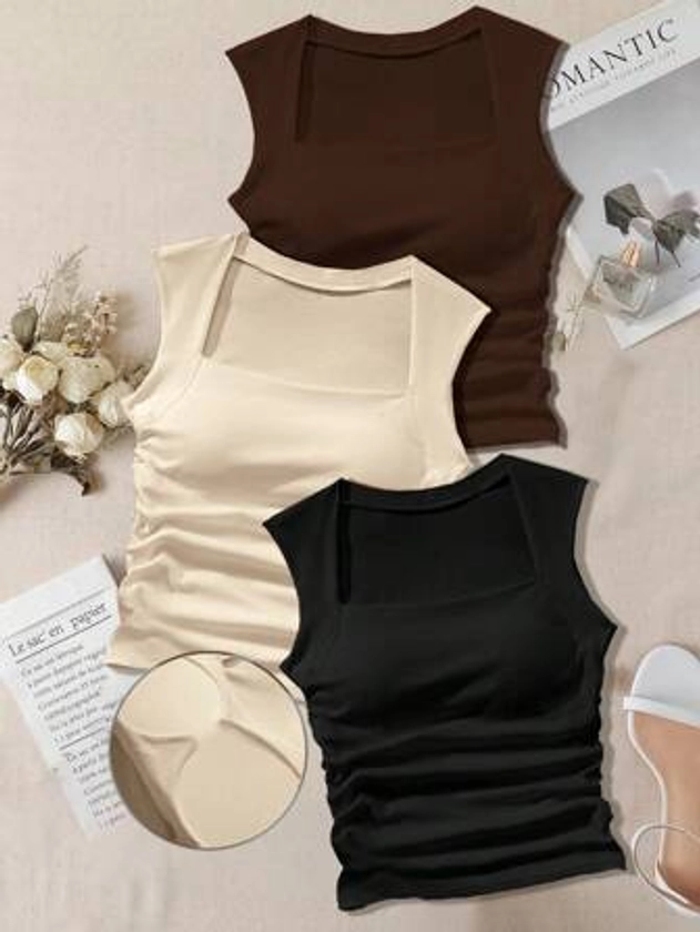 SHEIN EZwear 3pcs/Pack Padded Square Neck Bra-Free Slim-Fit Women's Tank Top