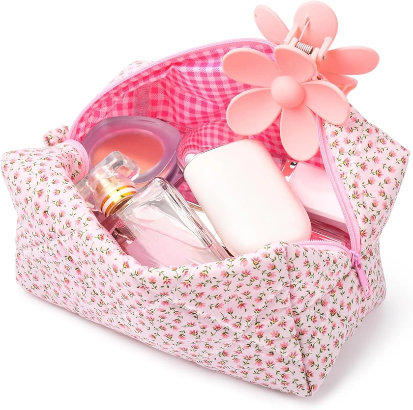 Quilted Makeup Bag Floral Cosmetic Bag Puffy Coquette Makeup pouch Aesthetic Cute Pink Travel Toiletry Bag Organizer cotton Makeup Brushes Storage Bag for Women