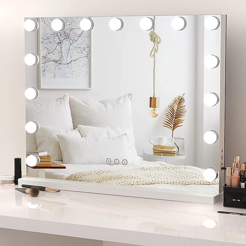 Hollywood Vanity Mirror with Lights 58x46cm with 15 Dimmable Bulbs 3 Color Tabletop or Wall Mounted Mirror | DIY at B&Q