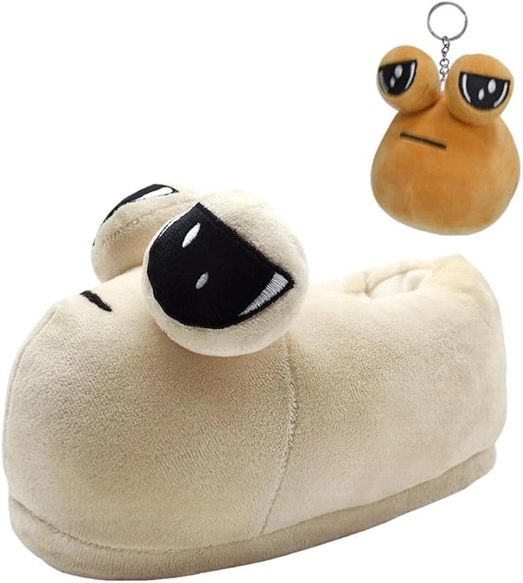 Amazon.com | MyRytanda Sad Pou Women Slippers with Pendant, Kawaii Cartoon Funny Alien Plush Slippers, Fuzzy Animals House Shoes for Men Women Birthday Christmas | Slippers