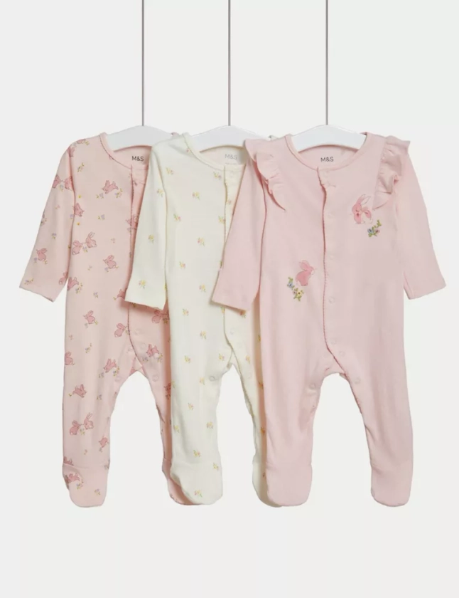 3pk Pure Cotton Bunny & Floral Sleepsuits (6½lbs-3 Yrs) | M&S Collection | M&S