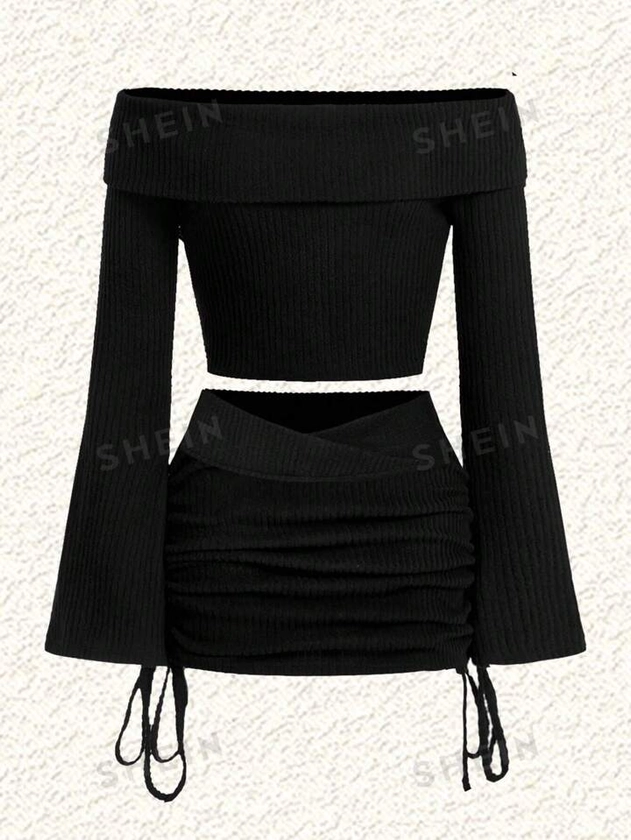 SHEIN EZwear New Year Casual Black Knitted Hollow Out Stripe One-Shoulder Women Suit