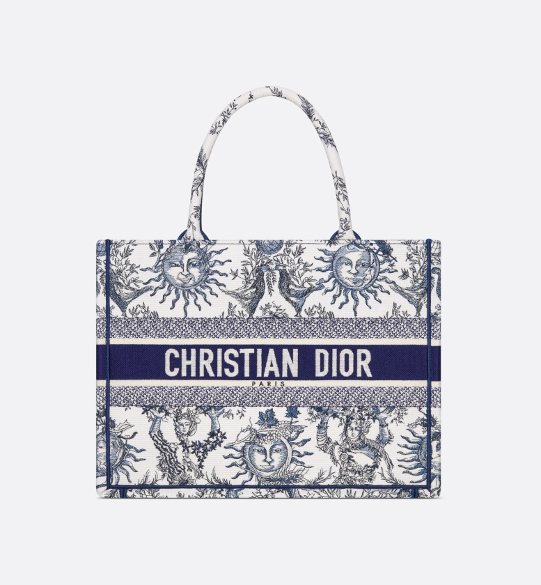 Medium Dior Book Tote White and Navy Blue Toile de Jouy Soleil Embroidery (36 x 27.5 x 16.5 cm) | DIOR