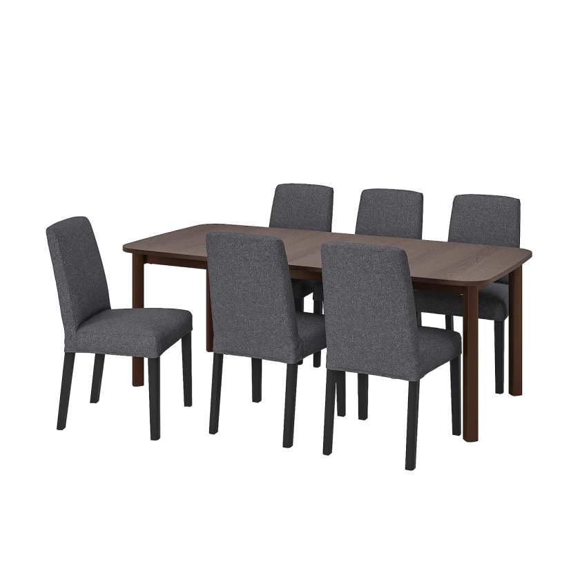 STRANDTORP / BERGMUND dining table and 6 chairs, brown/Gunnared medium grey, 150/205/260 cm - IKEA