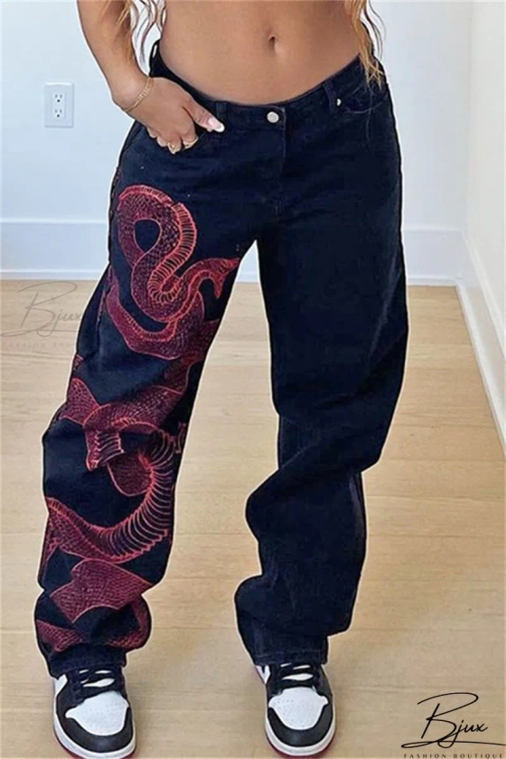 Bjux - Black Fashion Casual Print Basic High Waist Straight Jeans